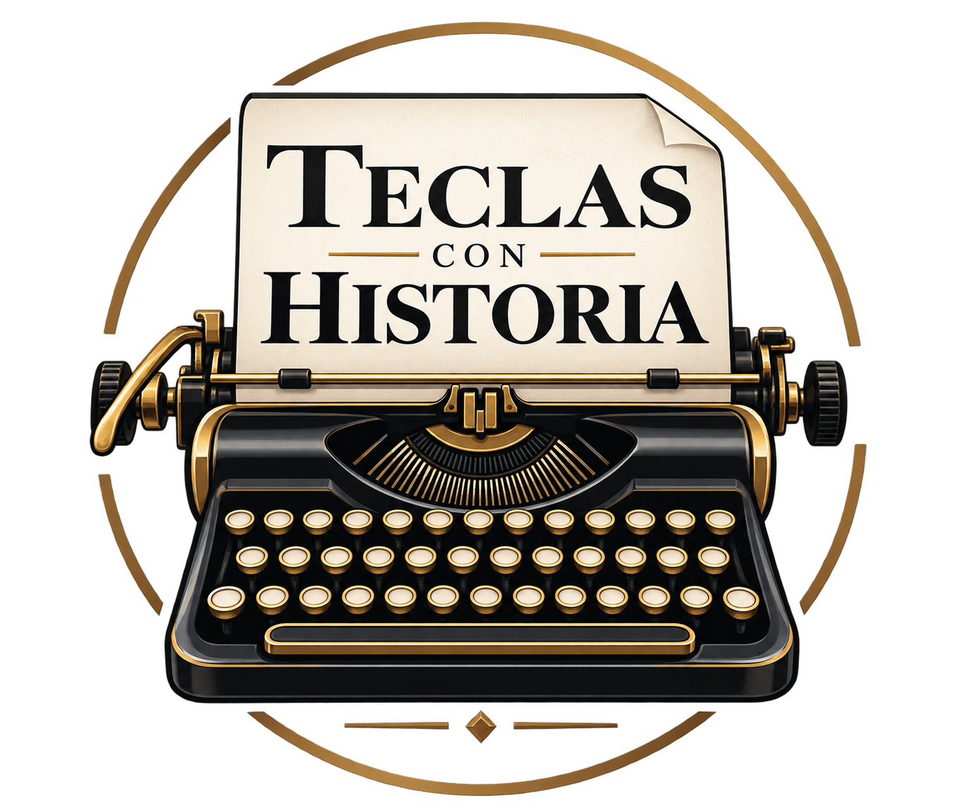 Logotipo de Teclas con Historia: máquina de escribir negra y dorada